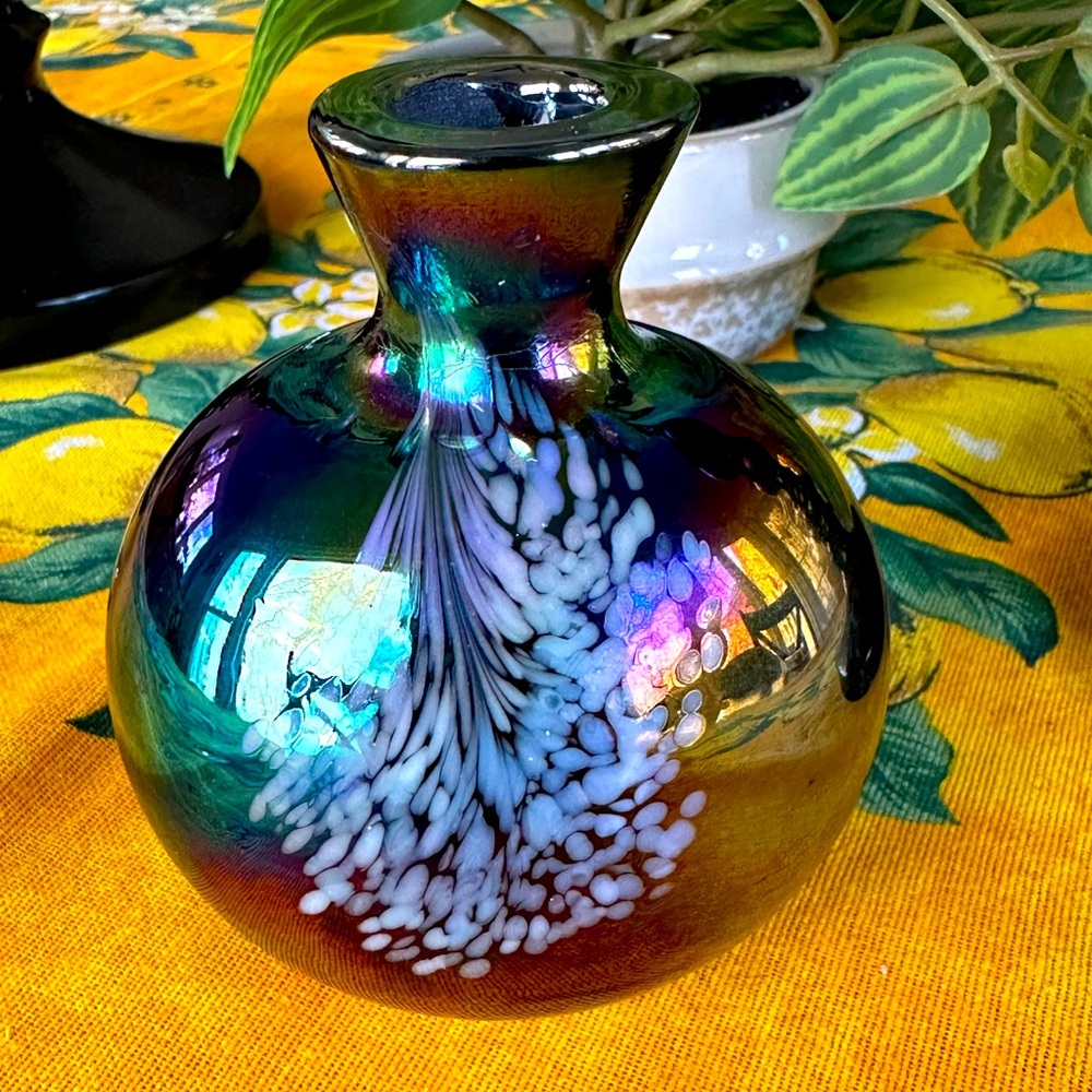 Iridescent Round Carnival Art Glass Vintage Bottle 4” VGUC